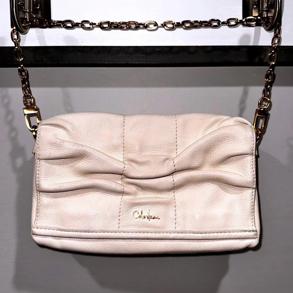 Cole Haan Leather Shoulder‎ Bag Clutch Ivory Gold Chain Evening Party Purse